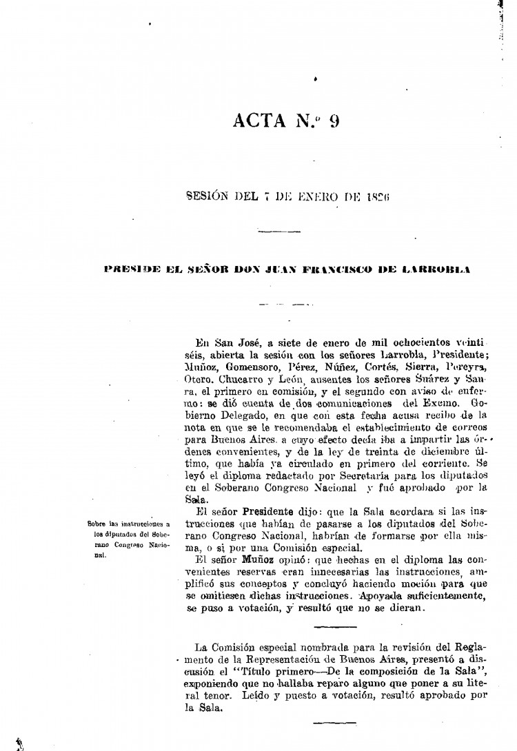 DIARIO DE SESIONES DE LA HONORABLE CAMARA DE REPRESENTANTES DE LA PROVINCIA ORIENTAL del 07/01/1826